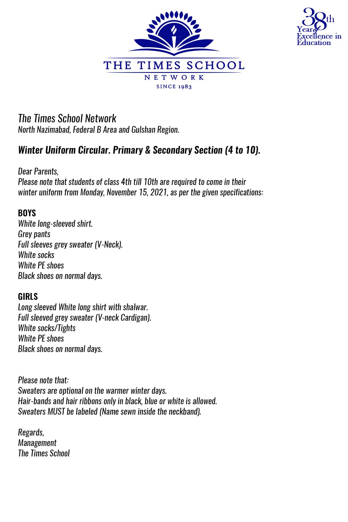 Winter Uniform Circular. Primary & Secondary Section (4 to 10).